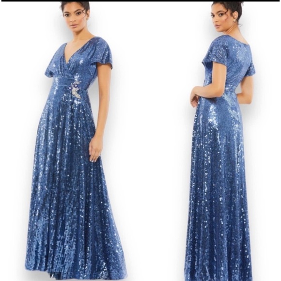 Mac Duggal Fusion Blue sequined butterfly sleeve wrap over a line gown-Size 2 - Picture 1 of 17